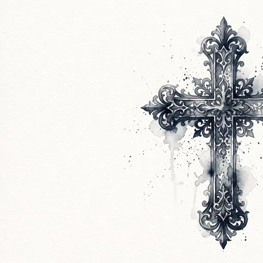 Ornate Monochrome Watercolor Cross with Copy Space