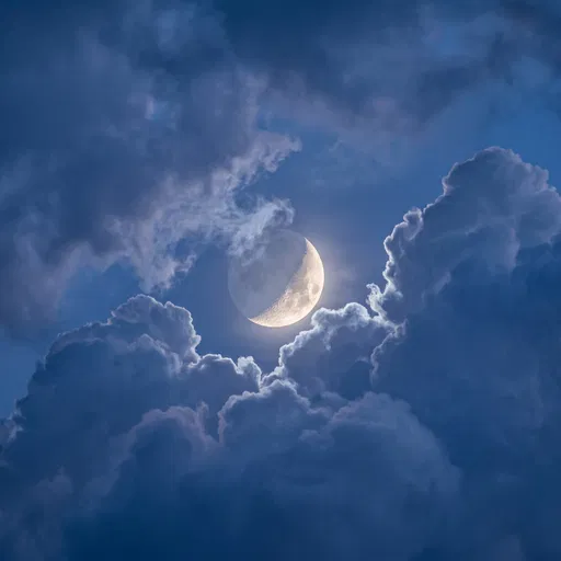 Glowing Crescent Moon in Twilight Clouds