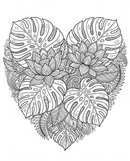 Botanical Heart Coloring Page with Lotus