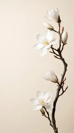 White Magnolia Branch on Cream Background