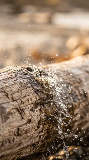 Water Droplets Spilling Over Driftwood Log
