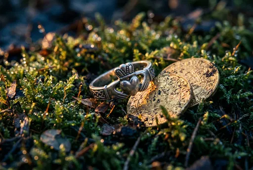 Silver Claddagh Ring and Gold Coins on Moss