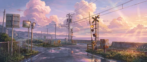 Anime Coastal Railway Crossing at Sunset