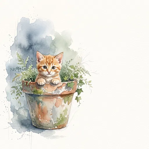 Watercolor Kitten in Flower Pot
