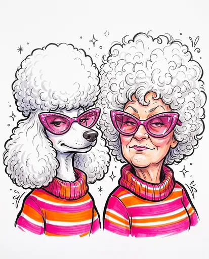 Matching Poodle and Owner Caricature Illustration