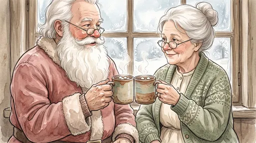 Santa and Mrs. Claus Clinking Cocoa Mugs