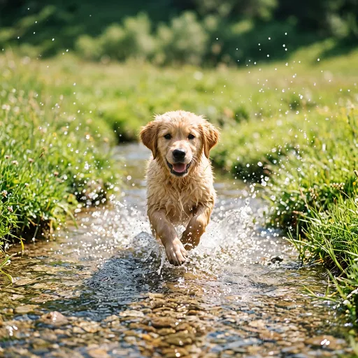 Golden Retriever Puppy Running Through Stream