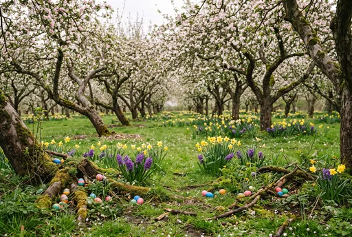 Easter Eggs Hidden in Blooming Spring Orchard