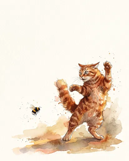 Startled Watercolor Tabby Cat and Bumblebee