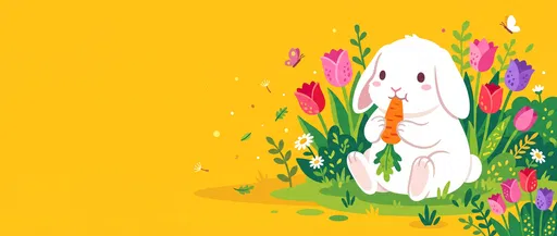 White Bunny Eating Carrot Among Spring Tulips