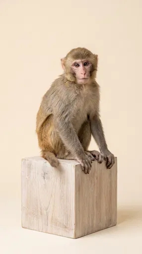 Rhesus Macaque Sitting on Wooden Plinth
