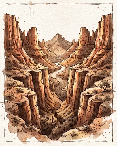 Watercolor and Ink Desert Canyon Illustration
