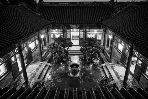 Monochrome Traditional Chinese Siheyuan Courtyard at Night