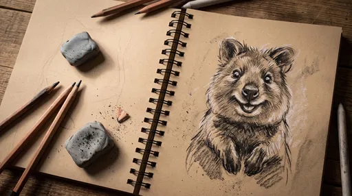 Charcoal Quokka Drawing in Open Sketchbook