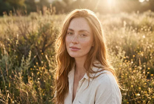 Red-Haired Woman in Sunlit Meadow