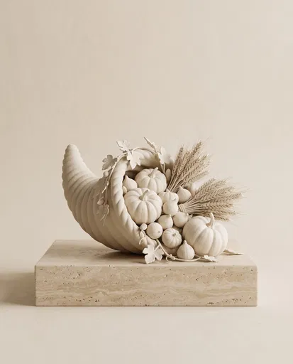 Monochromatic Cream Ceramic Cornucopia on Plinth