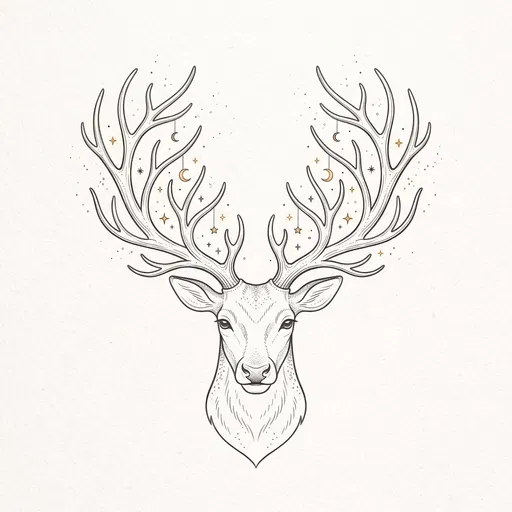 Celestial Reindeer Head Ink Line Illustration