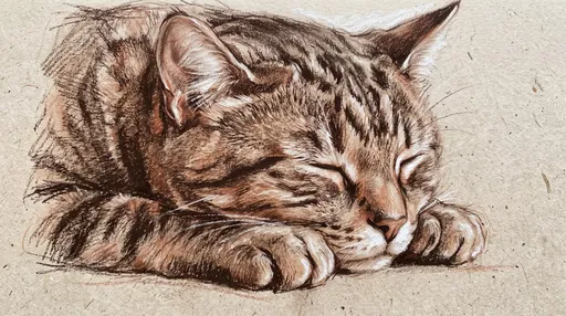 Conté Crayon Drawing of Sleeping Tabby Cat