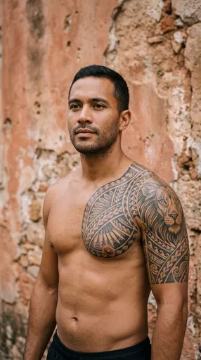 Man With Tribal Lion Shoulder Tattoo