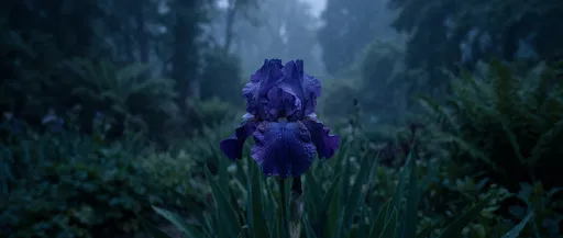 Blue Bearded Iris in Misty Twilight Garden