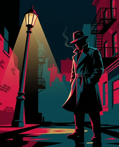 Neo-Noir Detective Under Streetlamp Illustration
