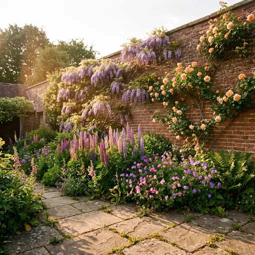 English Cottage Garden Brick Wall at Sunset
