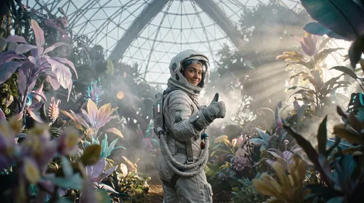 Female Astronaut Thumbs Up in Biodome