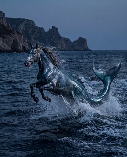 Mythical Hippocampus Breaching Dark Ocean Waves
