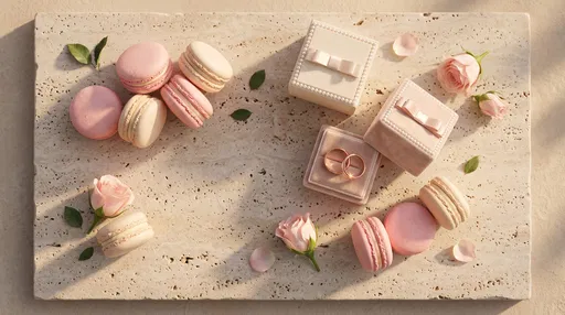 Wedding Rings, Macarons, and Roses Flat Lay