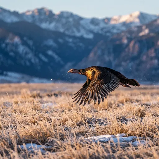 Wild Turkey Flying Over Frosted Prairie