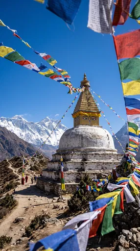Himalayan Stupa Framed by Prayer Flags