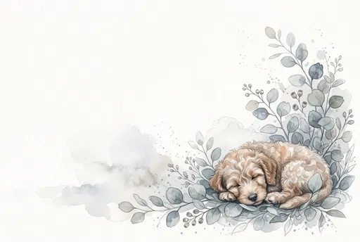 Watercolor Sleeping Goldendoodle Puppy in Eucalyptus