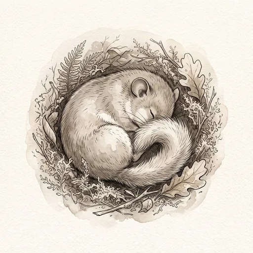 Sleeping Dormouse Watercolor and Ink Illustration