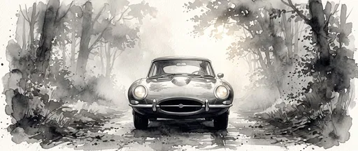 Monochrome Watercolor Vintage Sports Car in Forest