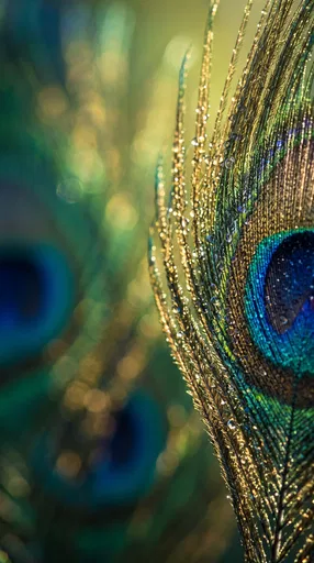 Macro Peacock Feather With Morning Dewdrops