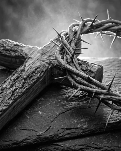 Monochrome Wooden Cross and Crown of Thorns
