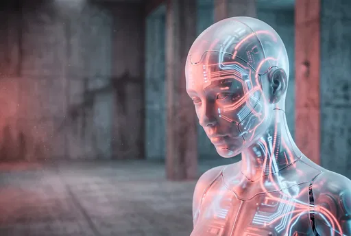 Translucent Humanoid Robot with Glowing Circuitry