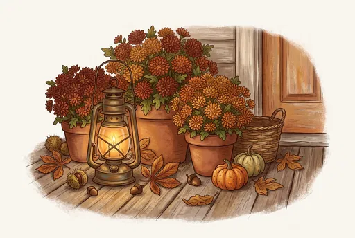 Cozy Autumn Porch Lantern and Mums Illustration