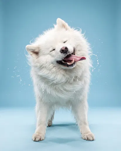 Fluffy White Samoyed Shaking Head in Studio