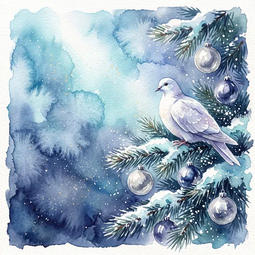 Watercolor White Dove on Winter Pine Branch