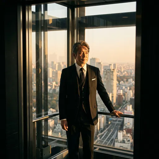 Mature Businessman in Glass Elevator at Sunset