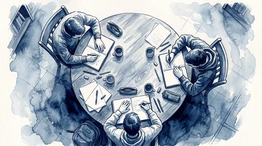 Top-Down Blue Watercolor of Students Studying