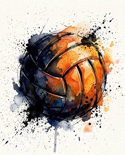 Expressive Watercolor and Ink Volleyball Illustration
