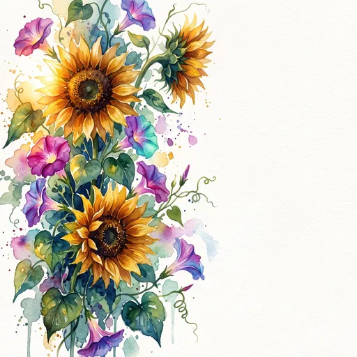 Watercolor Sunflowers and Morning Glories Border