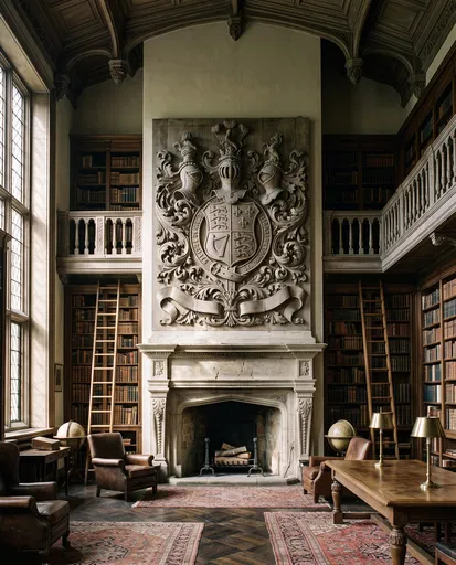 Grand Historic Library With Coat of Arms