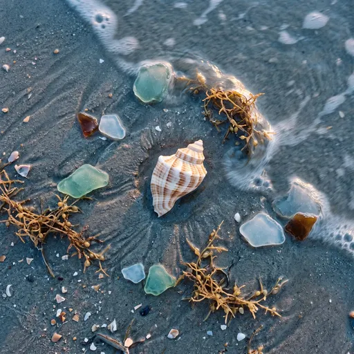 Seashell and Sea Glass on Wet Sand