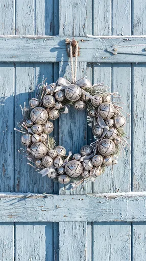 Silver Sleigh Bell Wreath on Blue Door