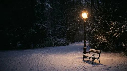 Snowy Park Bench Under Vintage Streetlamp