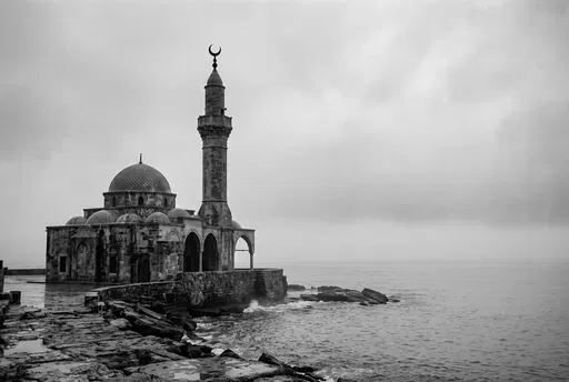 Monochrome Coastal Stone Mosque in Mist