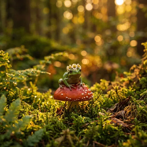 Green Frog Wearing Daisy Crown on Mushroom